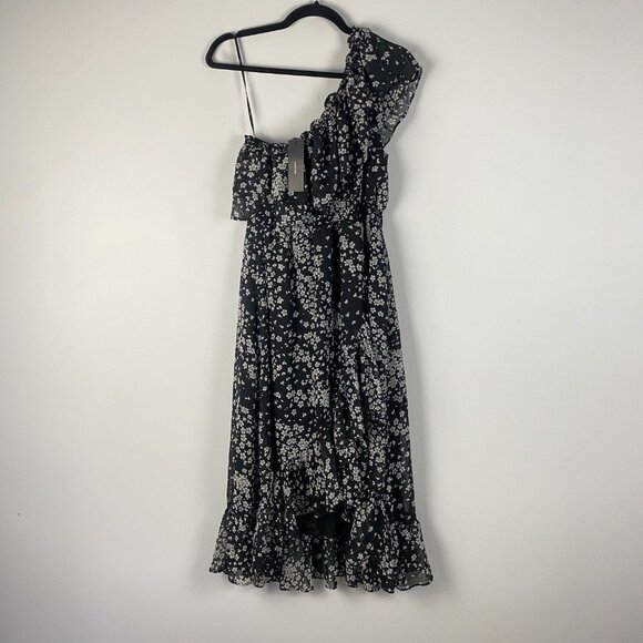 Lulus All Sweet Black Floral Print Ruffled One-Shoulder Midi Dress Size Medium - Picture 1 of 11